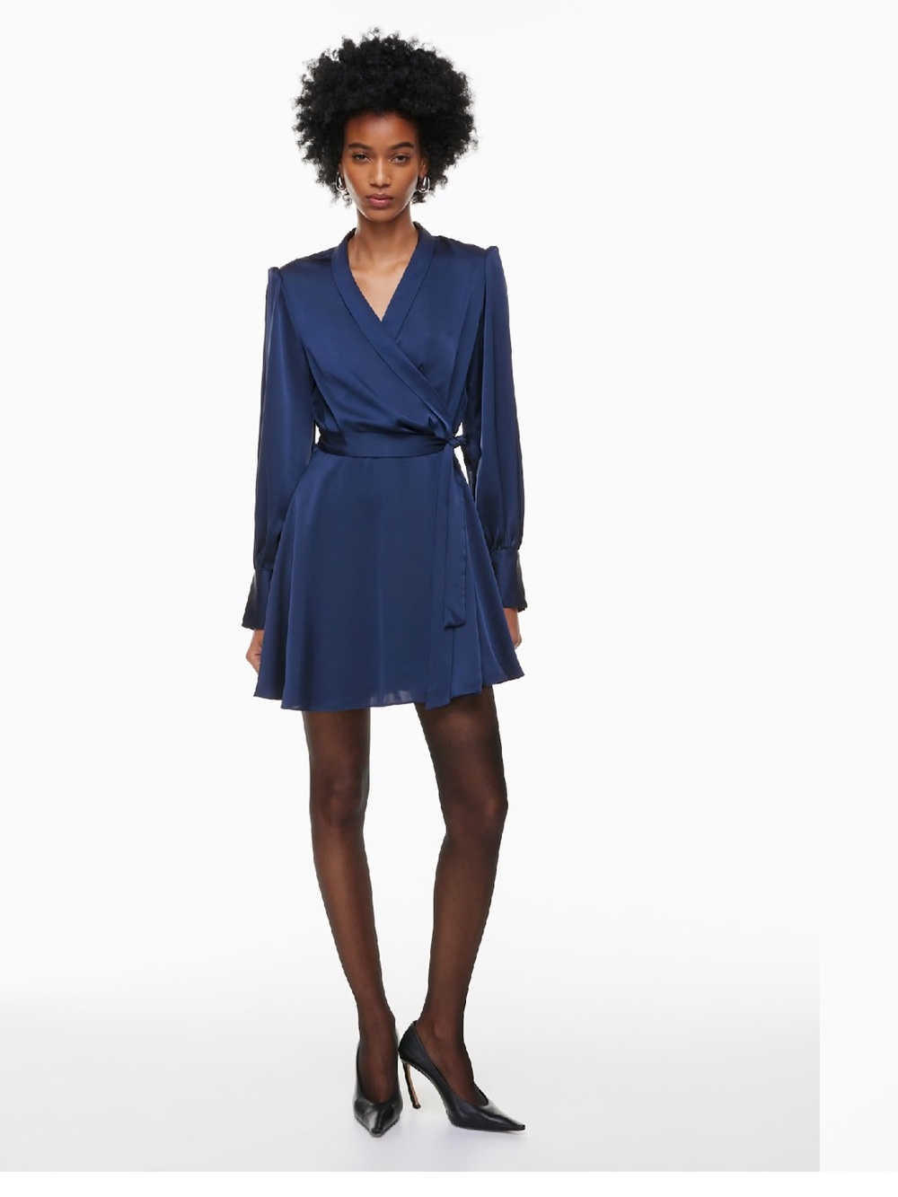 Aritzia Babaton Hyde Satin Mini - Long Sleeve Wrap Dress. Navy Size Medium